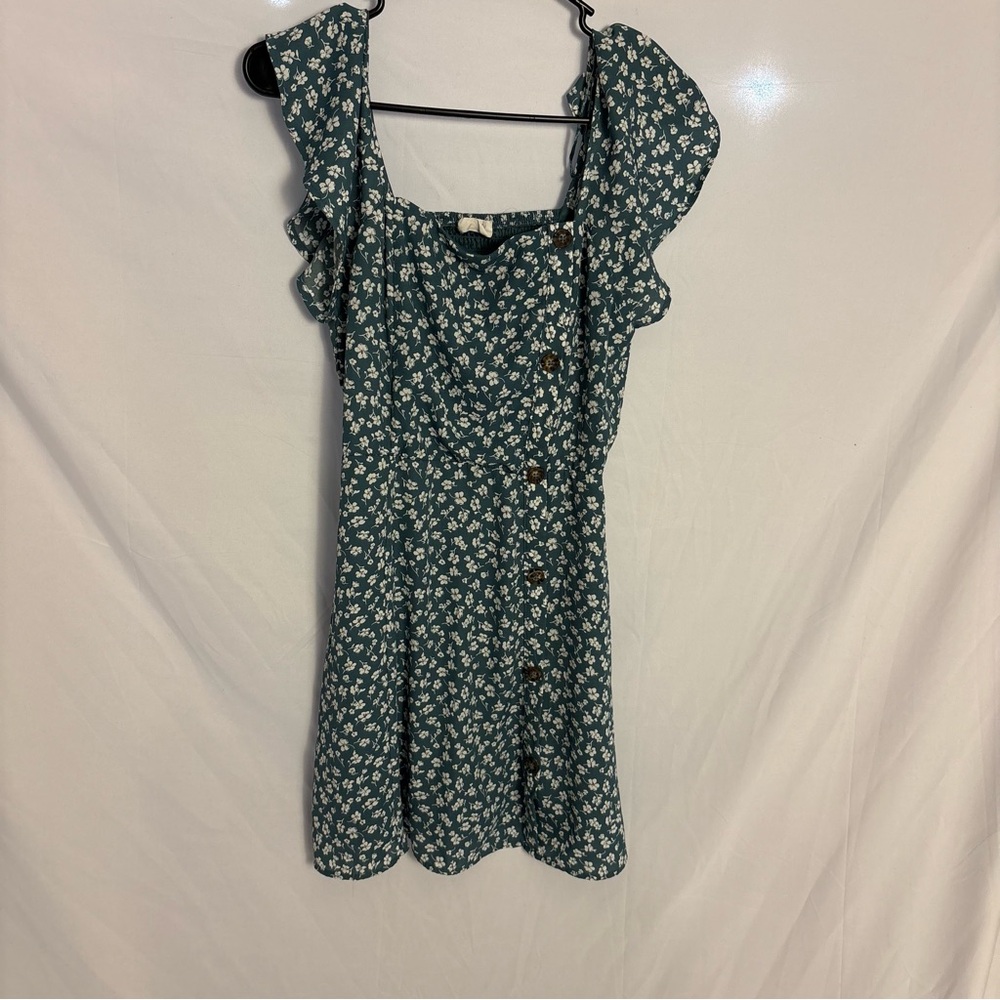 Sienna Sky Green and White Floral Ruffle Sleeve Mini Dress Sz S